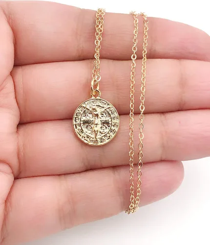 Vista 5 de Medalla de San Benito chapado en oro de 18 quilates collar 18 pulgadas joyería de protección