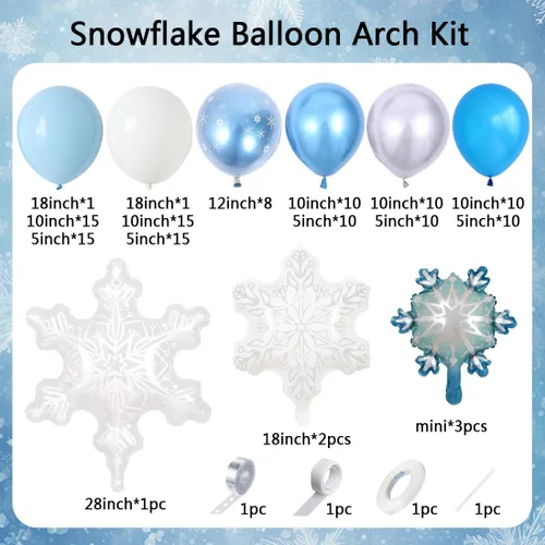 Vista 2 de Kit de Guirnalda de Arco de 140 Globos de Hielo y Nieve, Globos de Látex Azul, Plateado y Blanco con Globo de Copo de Nieve de Aluminio Transparente