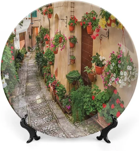 Vista 16 de Plato decorativo de 6 pulgadas, cerámica toscana, antigua calle italiana en pequeña ciudad provincial de Italia, placa de exhibición europea hecha a