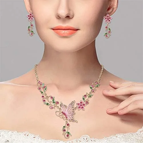 Vista 2 de EleQueen Conjunto de pendientes y collar de hojas de mariposa de cristal austriaco para mujer