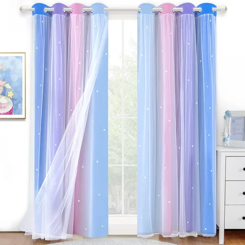 Vista 15 de Cortinas Opacas con Corte de Estrella Arcoíris para Dormitorio de Niñas - Doble Capa con Ojales Superiores para Sala de Estar, 2 Paneles