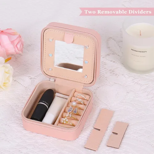 Vista 3 de Joyero de viaje, pequeño joyero, regalos para mujeres y niñas, mini organizador de joyas portátil rosa para aretes, anillos, collares con inicial J