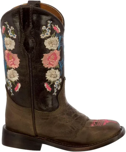 Vista 2 de Jazmin - Botas vaqueras con bordado floral para niñas pequeñas, color marrón, punta cuadrada, TRUE