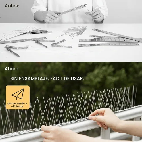 Vista 2 de OFFO Púas para pájaros, púas de paloma de acero inoxidable 304 premontadas para exterior, cubren 10.8 pies, fácil instalación para techo, balcón