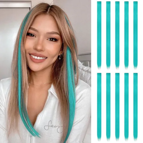 Vista 11 de FESHFEN Juego de 12 extensiones de cabello con clip, color negro, con clip, con purpurina, kit de accesorios coloridos para mujeres, de 20 pulgadas