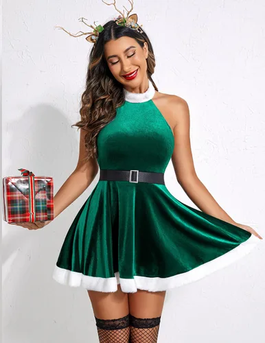 Vista 6 de Avidlove Vestido corto con cuello halter para mujer, vestido de Navidad sexy, acampanado, vestido de fiesta de terciopelo, vestido de Santa