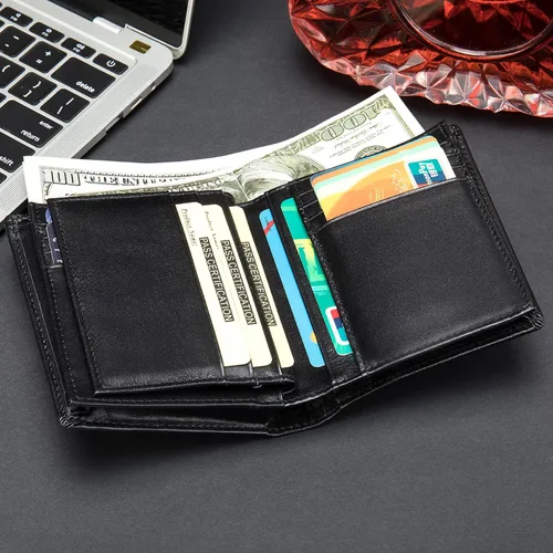 Vista 7 de Billetera plegable de cuero para hombre, Negro -, Bifold 002