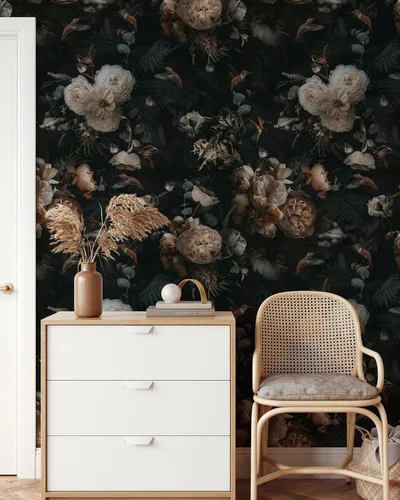 Vista 4 de Papel tapiz floral vintage, papel tapiz autoadhesivo extraíble, diseño floral oscuro, peonías y pájaros