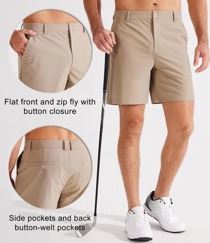 Vista 3 de Libin Pantalones cortos de golf para hombre, pantalones cortos de vestir casuales de trabajo con frente plano de 7 pulgadas y 9 pulgadas, elásticos