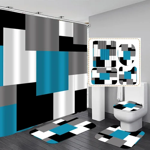 Vista 3 de Yizheer - Juego de cortina de ducha de 4 piezas con diseño geométrico y de color azul, moderno, para el baño, con 12 ganchos, tapete para la bañera