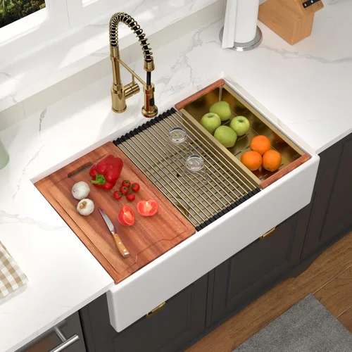 Vista 20 de Fregadero de 33 unidades de arcilla refractaria de 33 x 20 x 10 pulgadas, color blanco, fregadero de cocina de porcelana de cerámica, estilo casa