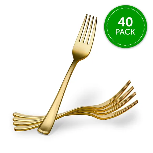 Vista 6 de Plasticpro Tenedores desechables de plástico dorado resistente, cubiertos de plástico elegantes que parecen cubiertos de oro real, utensilios