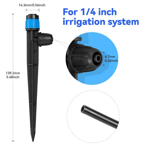 Vista 4 de Goteros de riego ajustable Vortex: 20 piezas de forma de ventilador con estaca de flujo de agua para manguera de 1/4 pulgadas, emisores de riego