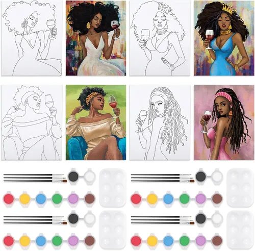Vista 18 de VOCHIC Paquete de 4 kits de fiesta de 8 x 10 pulgadas, kit de pintura de lienzo predibujado para pintura para adultos, suministros de pintura