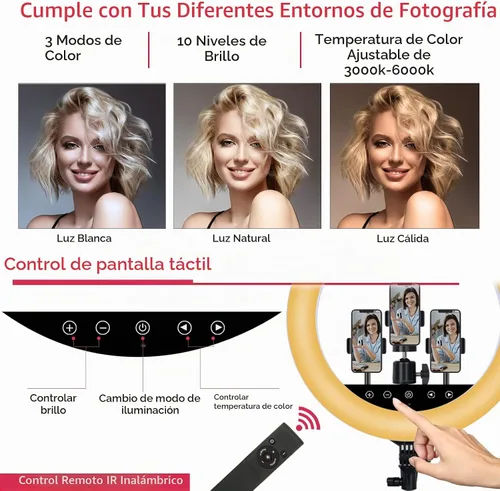 Vista 2 de Anillo de luz LED de 18 pulgadas actualizado con soporte de trípode, anillo de luz para selfie con panel táctil para maquillaje, retrato, video