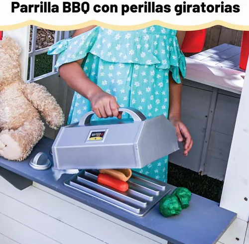 Vista 7 de KidKraft Moderna casa de juegos de madera para exteriores con mesa de picnic, buzón y parrilla al aire libre, color blanco