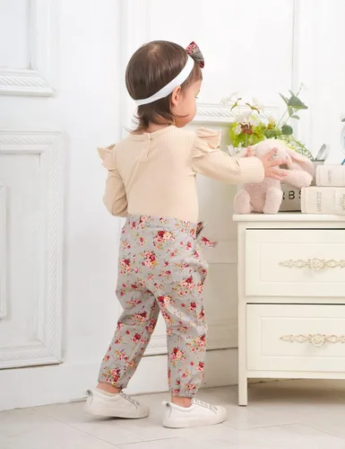 Vista 5 de KANGKANG Ropa de bebé recién nacida, mameluco acanalado con mangas con volantes + pantalones florales + diadema lindo traje de bebé niña 3 piezas