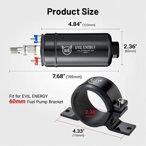 Vista 4 de Evil Energy Bomba de combustible externa en línea eléctrica 300LPH de alto flujo 12V con abrazadera de abrazadera de 60 mm negra