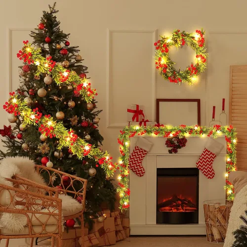 Vista 5 de Duraaamo 5 piezas de guirnalda de Navidad preiluminada con luces de estrella de 1,8 m, 20 luces LED, guirnalda de acebo con bayas rojas, funciona
