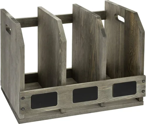 Vista 5 de MyGift Revistero de madera con 3 compartimentos y etiqueta de pizarra, organizador de archivos de escritorio, organizador de documentos de oficina
