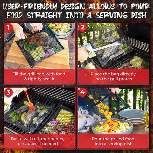 Vista 2 de Oleex - Bolsas antiadherentes grandes para barbacoa + cepillo para untar, malla de PTFE reutilizable para interiores y exteriores, accesorios