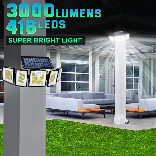 Vista 8 de Luces Solares para Exteriores Impermeables con Sensor de Movimiento - 416 LEDs 3000 Lúmenes Súper Brillantes 3 Niveles de Brillo 3 Modos 2400mAh