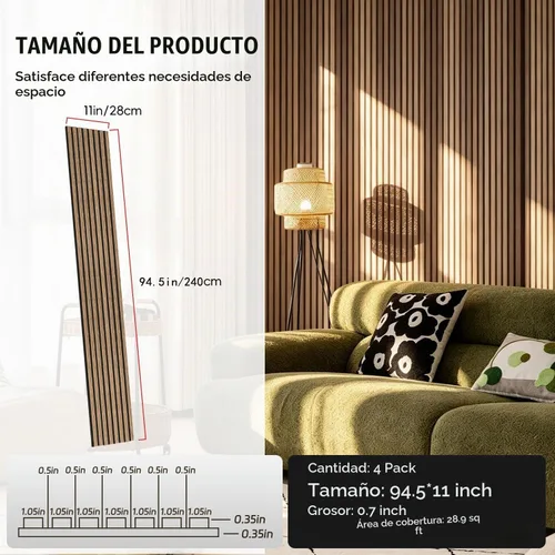 Vista 2 de RITOLLO Paneles de listones de madera para pared, 2 piezas de 94.5 x 11 pulgadas, paneles acústicos para decoración de pared interior, panel