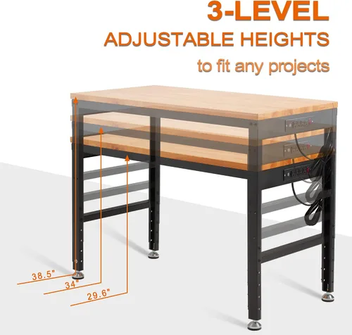 Vista 5 de Haddockway Banco de trabajo ajustable para garaje, mesa de trabajo de madera de caucho de 48" x 24" con tomas de corriente, capacidad de carga