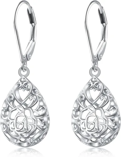 Vista 98 de Aretes colgantes de filigrana de plata de ley 925, margarita, loto, flor de rosa, piedra lunar, lágrima para mujer, nudo celta infinito, margarita
