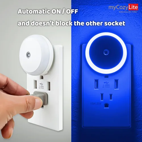 Vista 4 de Luz nocturna LED azul, enchufable, sensor inteligente del atardecer al amanecer, luz nocturna redonda pequeña, ahorro de energía, luz nocturna