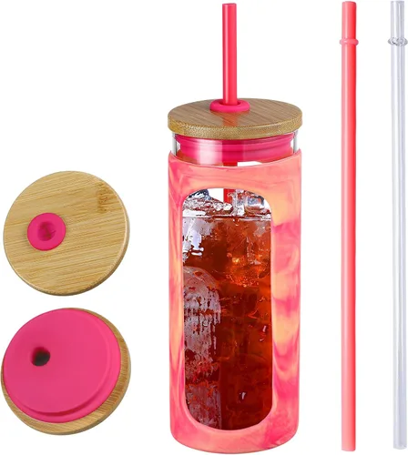 Vista 19 de Kodrine Vaso para agua de vidrio de 20 onzas con popote y tapa, botella de agua con tapas de bambú, taza para café helado, reutilizable, boca ancha