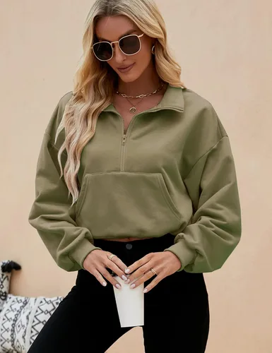 Vista 5 de Kissonic Sudadera con capucha de gran tamaño con media cremallera para mujer, con forro polar