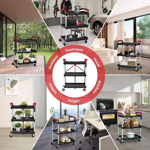 Vista 8 de Towallmark Carrito de servicio plegable portátil, carrito plegable de 3 niveles, carritos utilitarios plegables para oficina, almacén y hogar, Negro