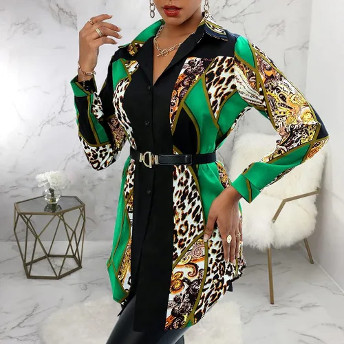 Vista 4 de Vestidos camiseros para mujer blusas coloridas de manga larga con estampado floral cuello suelto camisetas sexys