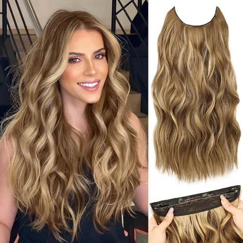 Vista 18 de Extensiones de Cabello con Alambre Invisible - Extensiones de Cabello Halo de 14 Pulgadas Largas Onduladas Postizo Sintético con Alambre