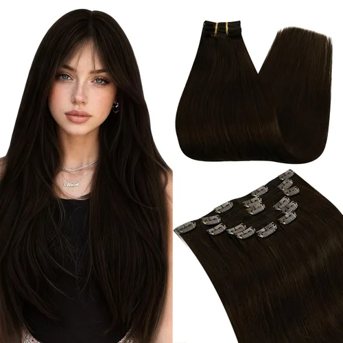 Vista 12 de Ugeat Extensiones de cabello humano con clip de 12 pulgadas, extensiones de cabello balayage con clip, marrón chocolate ombre, extensiones