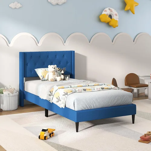 Vista 10 de Giantex Base de cama de plataforma de tamaño individual con respaldo de alas, base de cama tapizada de tela con cabecera capitonada con botones