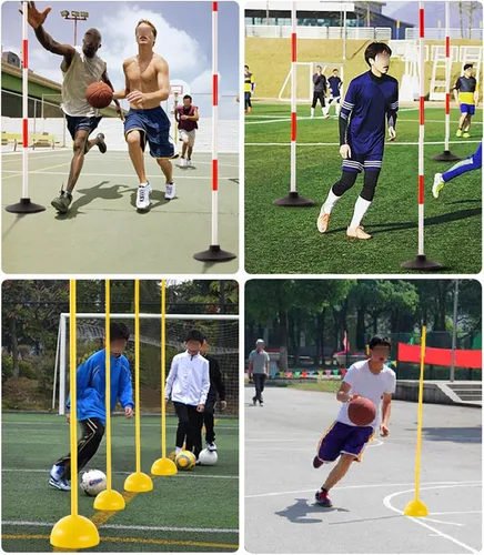 Vista 7 de Bastones de agilidad con base, 4 juegos de bastones de slalom desmontables rellenos de arena o grava, equipo de entrenamiento de fútbol para niños