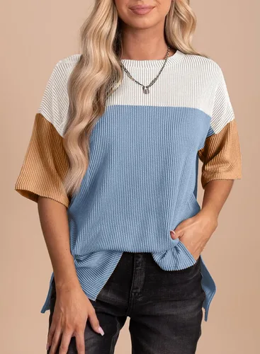 Vista 2 de EVALESS Camisetas de verano de manga corta con cuello redondo para mujer, bloque de color, ligeras