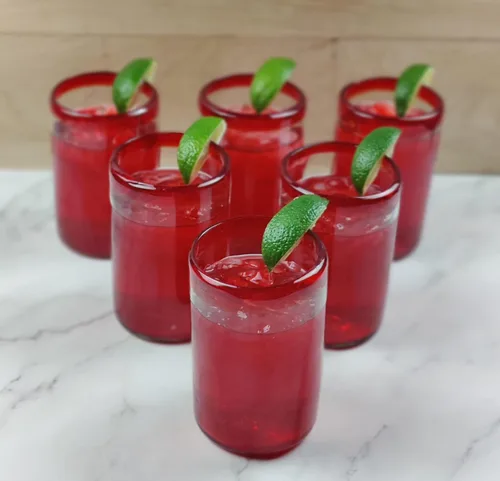 Vista 5 de Dos Sueños Vasos mexicanos soplados a mano, juego de 6 vasos con bordes rojos (14 onzas cada uno)