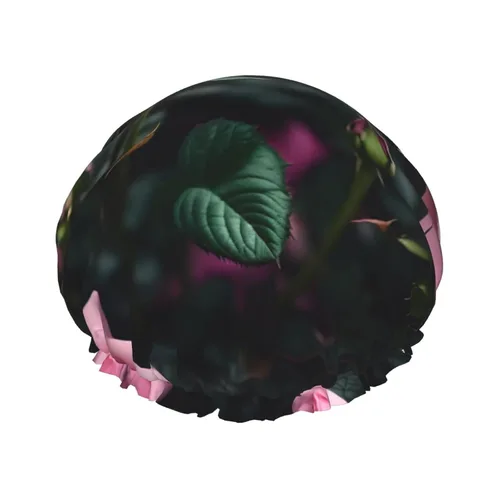 Vista 25 de Gorro de ducha reutilizable con estampado de cerdo rosa para mujer, doble capa impermeable, gorro de baño de secado rápido
