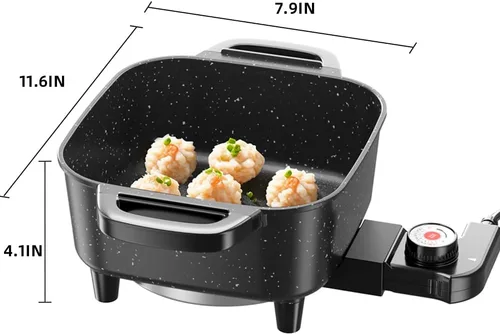 Vista 6 de AORAN - Sartén eléctrica con tapa, sartén eléctrica multifuncional para freír, asar a la parrilla, hervir y cocinar, antiadherente, compacta, fácil