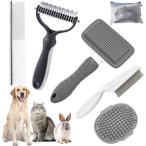 Vista 8 de Kit de Aseo para Baño con Cepillo de Pelo, Toalla y Guantes de Limpieza - Cepillo Slicker 6-en-1 para Perros y Gatos que Sueltan Pelo, Azul
