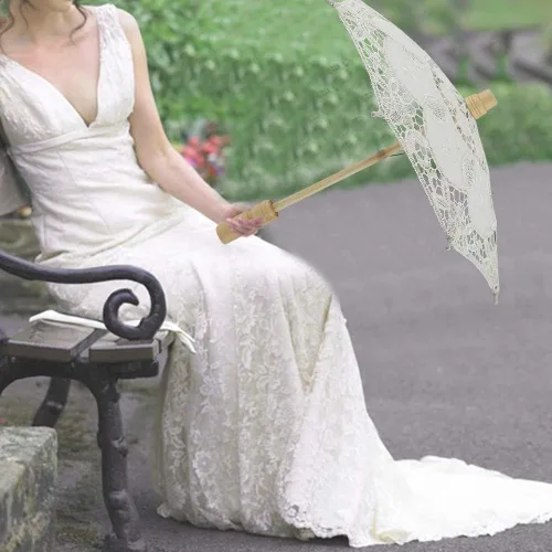 Vista 3 de Diyeeni Paraguas de novia, elegante sombrilla de bordado de algodón con encaje floral hecho a mano, sombrilla con mango de madera para bodas