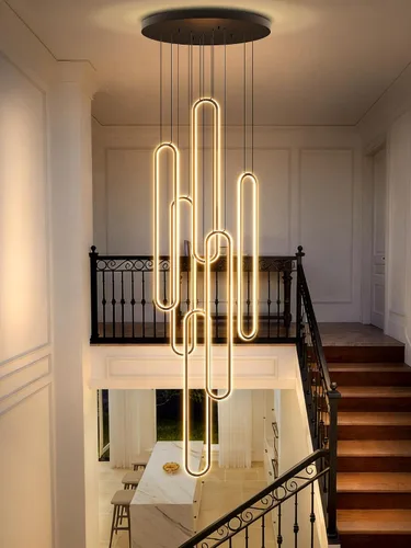 Vista 14 de Flashing God Candelabro moderno, candelabros cromados con 6 anillos LED, lámpara de techo alto más grande para sala de estar, lámpara rectangular