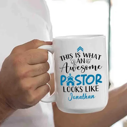 Vista 6 de Awesome Pastor - Tazas de café de 11 onzas y 15 onzas, nombre personalizado y personalizado, perfectas para pastores y regalos de iglesia Taza