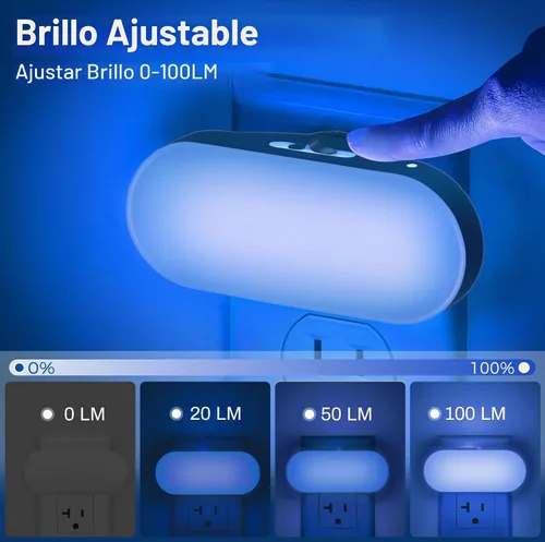 Vista 3 de DORESshop - Luz nocturna azul, encendido/apagado automático, brillo ajustable de 0-100 LM