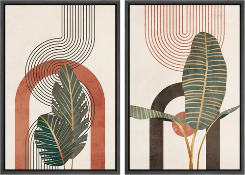 Vista 42 de SIGNFORD Lienzo enmarcado para pared, juego de arte geométrico retro de mediados de siglo, plantas forestales, ilustraciones con formas abstractas