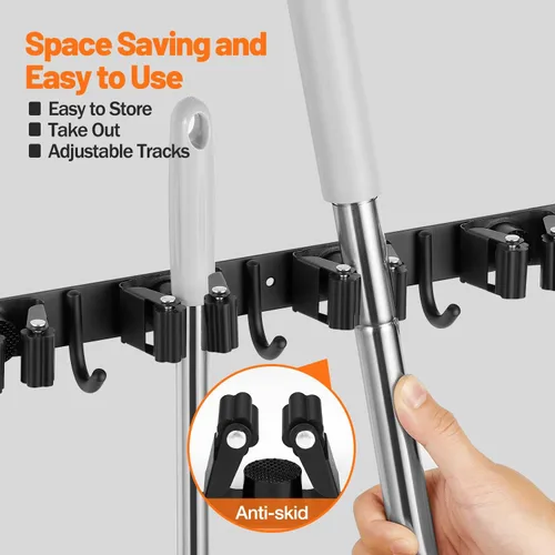 Vista 3 de Soporte de pared para escoba, organizador de escoba de acero inoxidable, soporte de escoba y escoba montado en la pared, resistente colgador