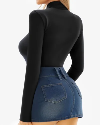 Vista 85 de MANGOPOP - Enterizo para mujer, manga larga, cuello de tortuga, cuello alto falso, estilo top